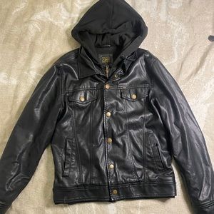 Obey faux leather jacket/zip up with hood (size S)